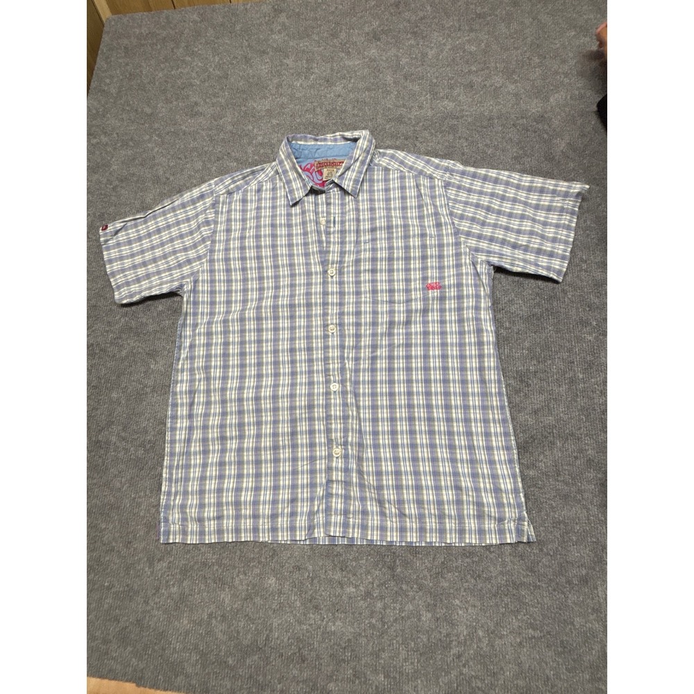 Quiksilver Boys Blue White Plaid Short Sleeve Button Down Shirt Size L 16-18